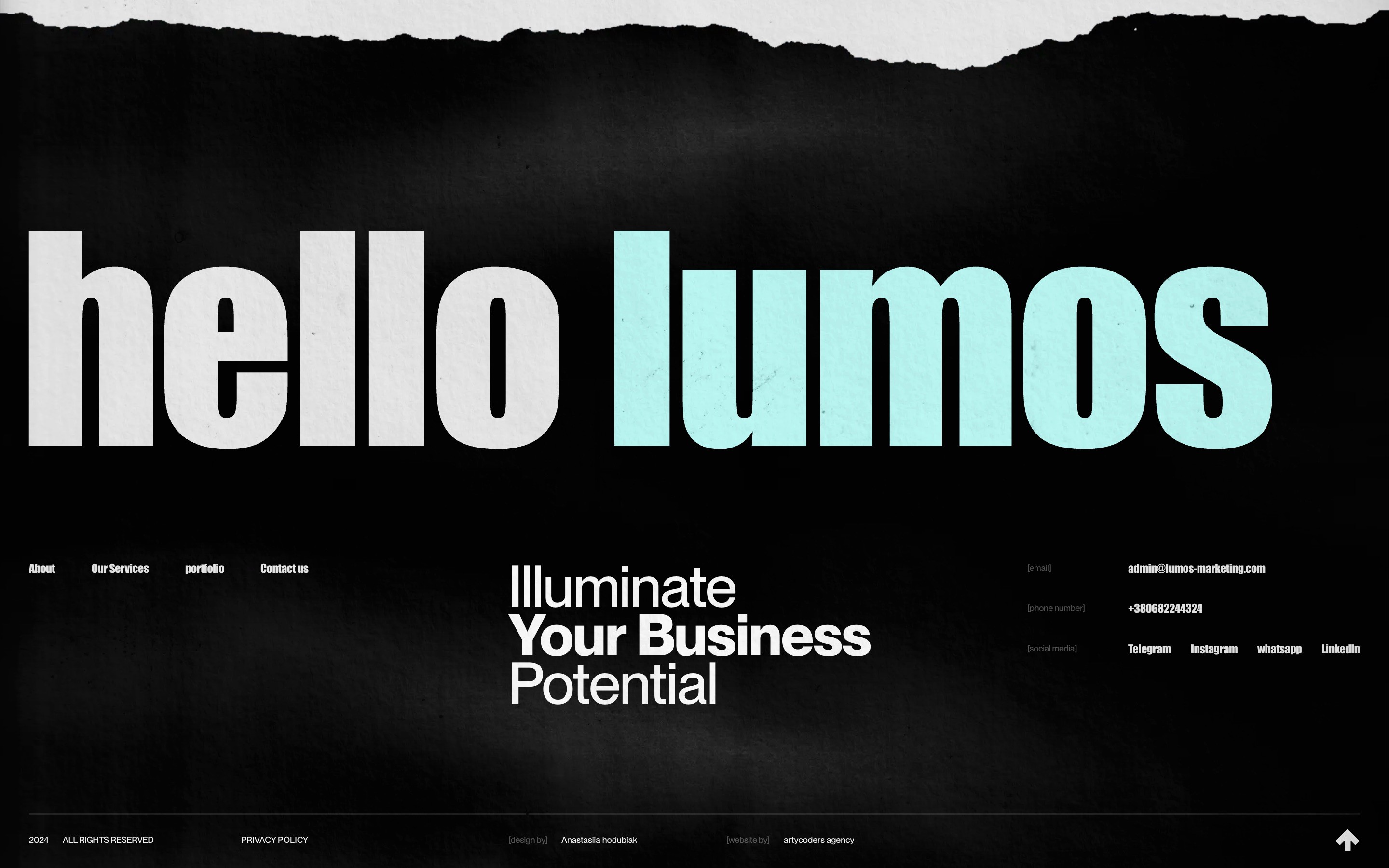 Black background with large text: "hello lumos" in white and blue. Below, "Illuminate Your Business Potential" in white. Contact info listed.
