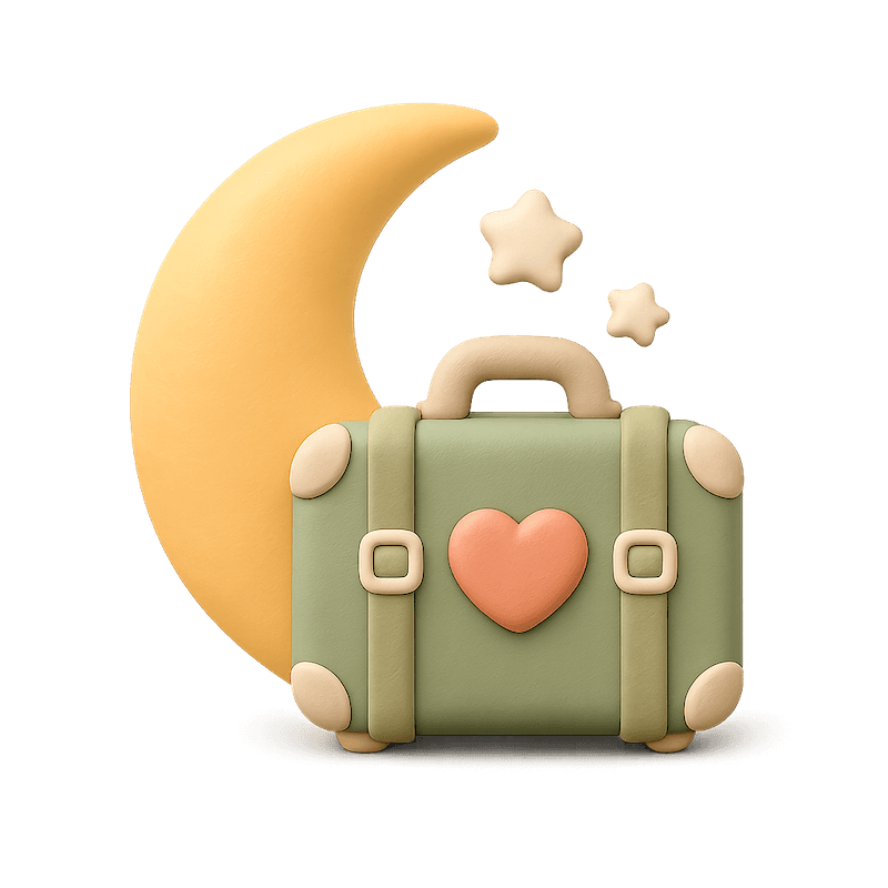 A crescent moon and a rolling suitcase.