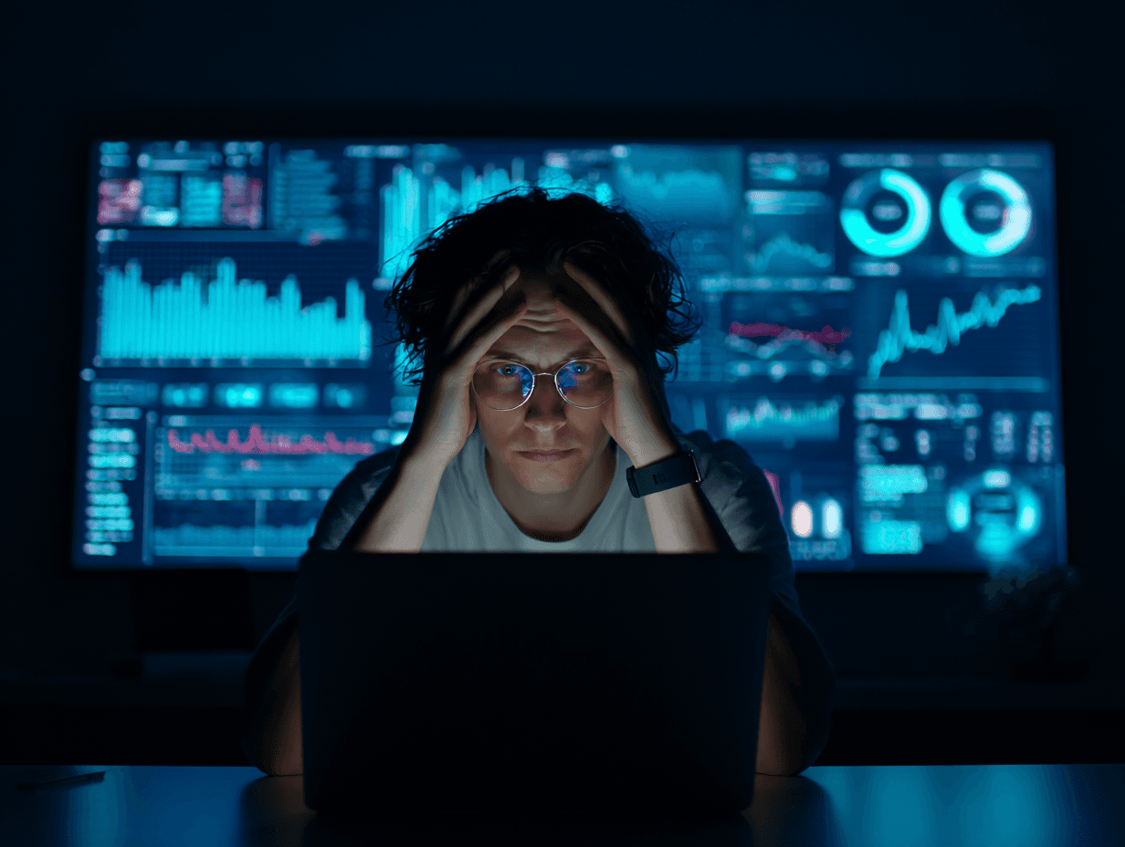 person overwhelmed by a screen full of analytics, symbolizing data overload