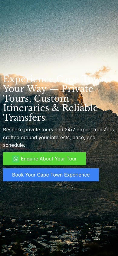 phone version of hero. section for a travel business in cape town  created by madebycebo
