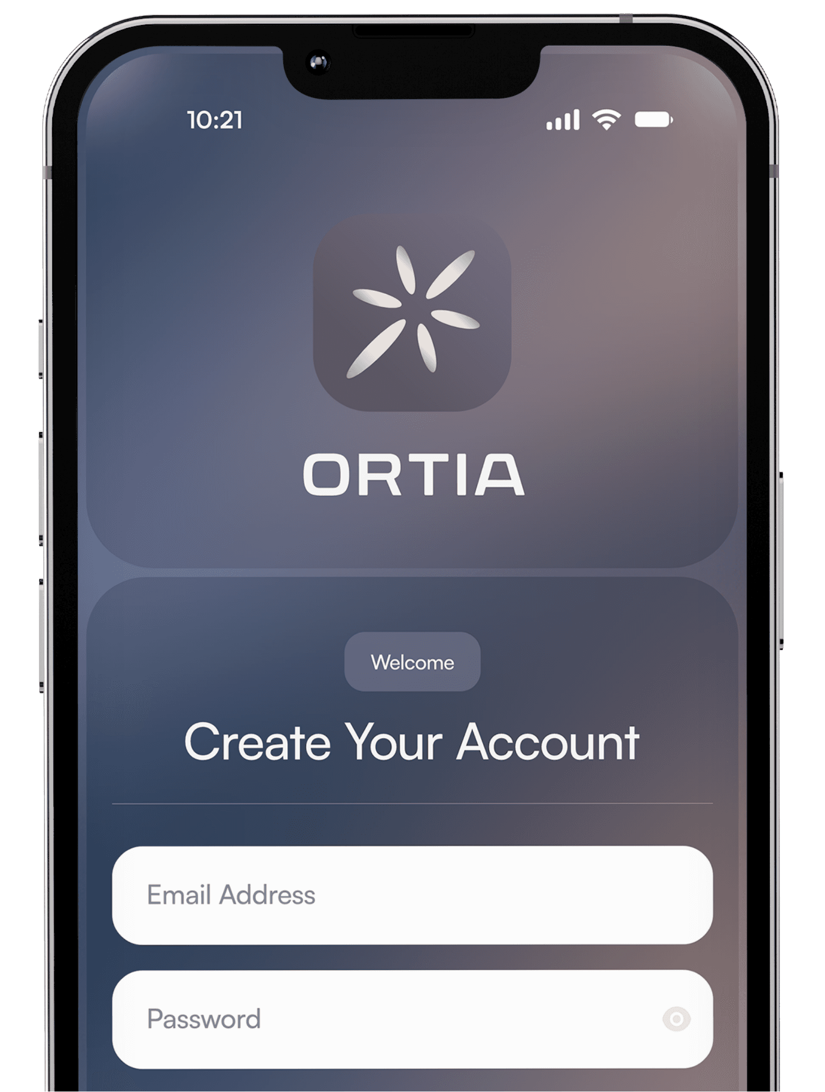 A smartphone screen displays a login interface for ORTIA, featuring a "Create Your Account" prompt.