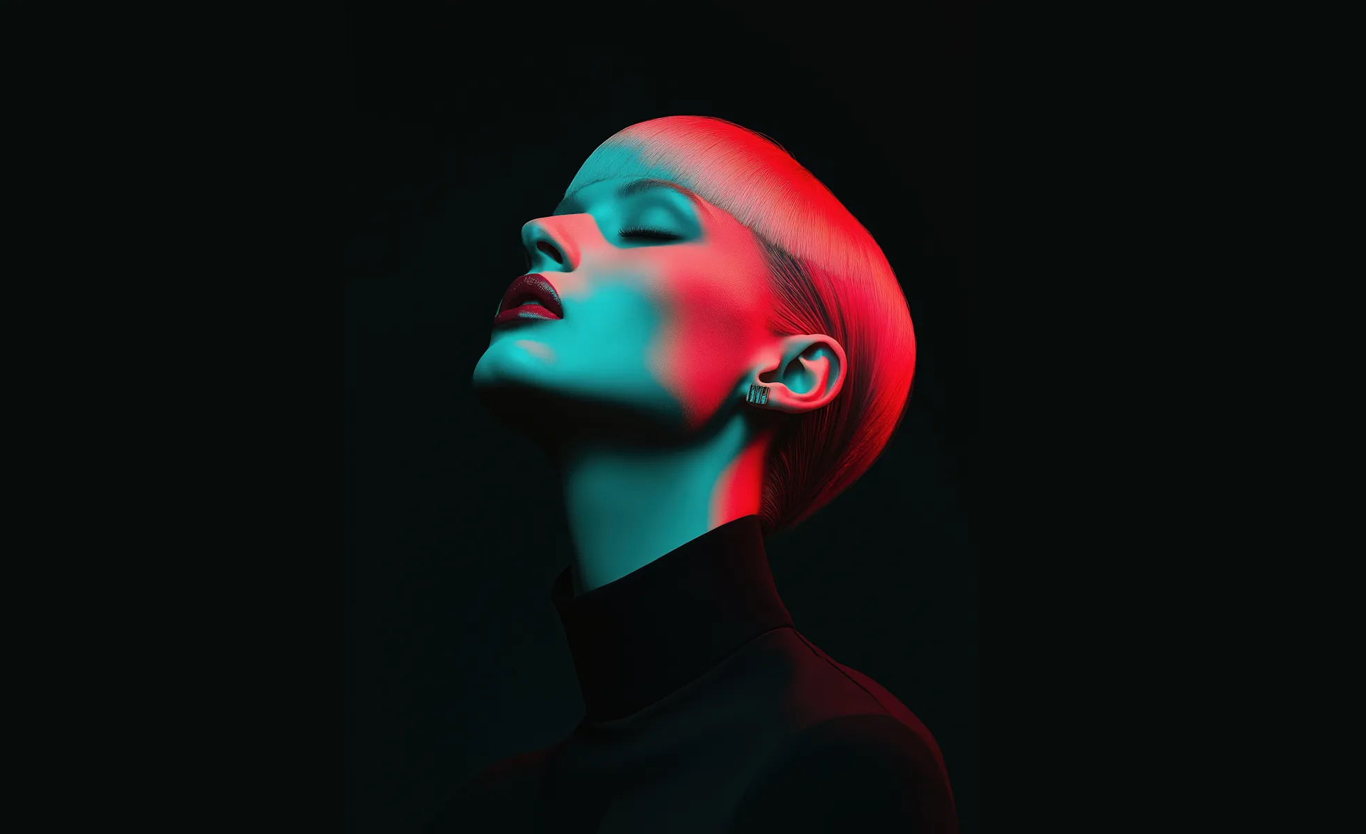 Futuristic portrait of a woman with platinum blonde hair, bold cyan and red lighting, and a sleek black outfit.