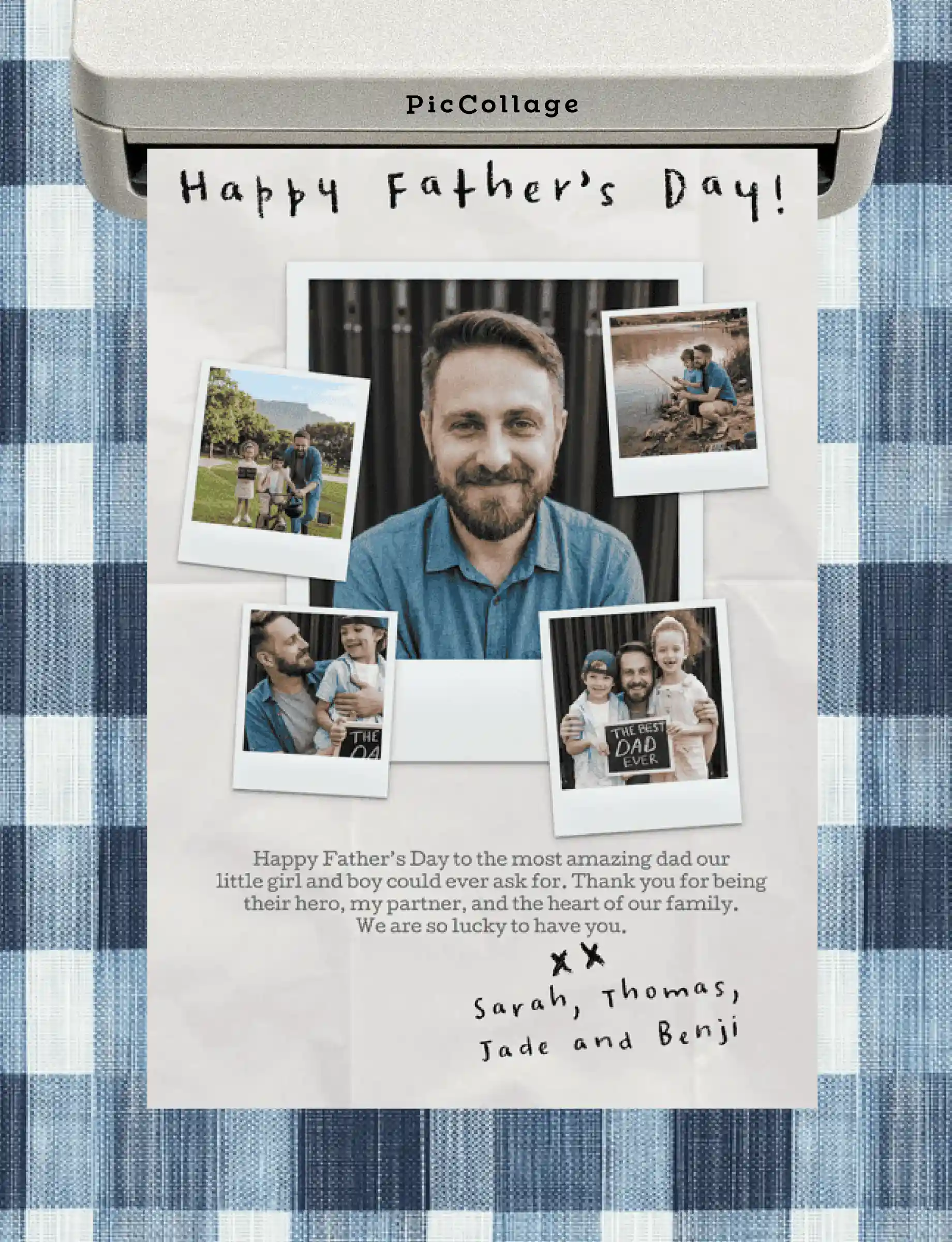 Step 3: Finished sepia Father's Day card on a PicCollage app screen, ready to send digitally or save for printing.