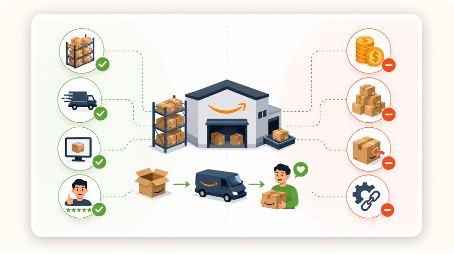 Illustration comparing the pros and cons of Amazon fulfillment.
