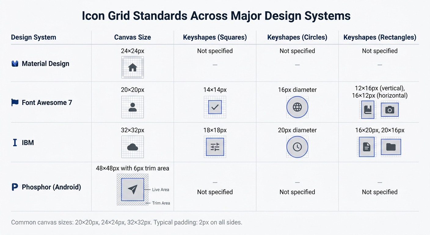 Icon Grid Standards Comparison: Material Design, Font Awesome, IBM, and Phosphor
