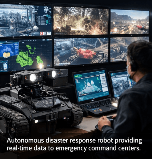 Autonomous disaster response robot providing real-time data to emergency command centers