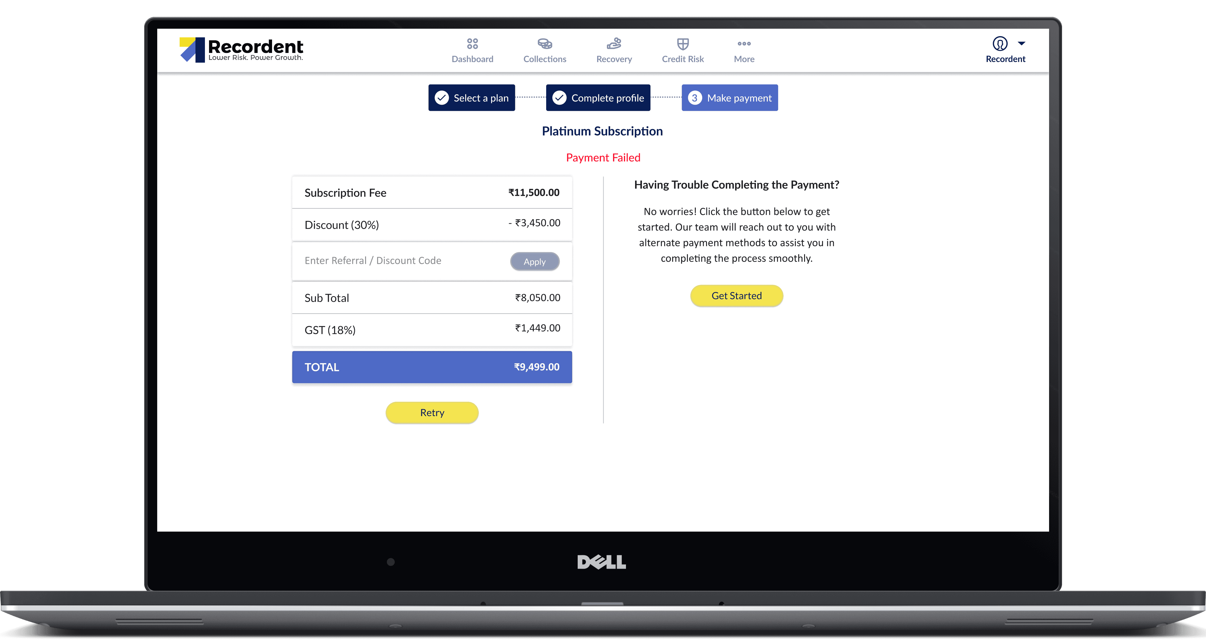 If the payment fails twice, the prospect is let to get started and use the platform while the team assists.