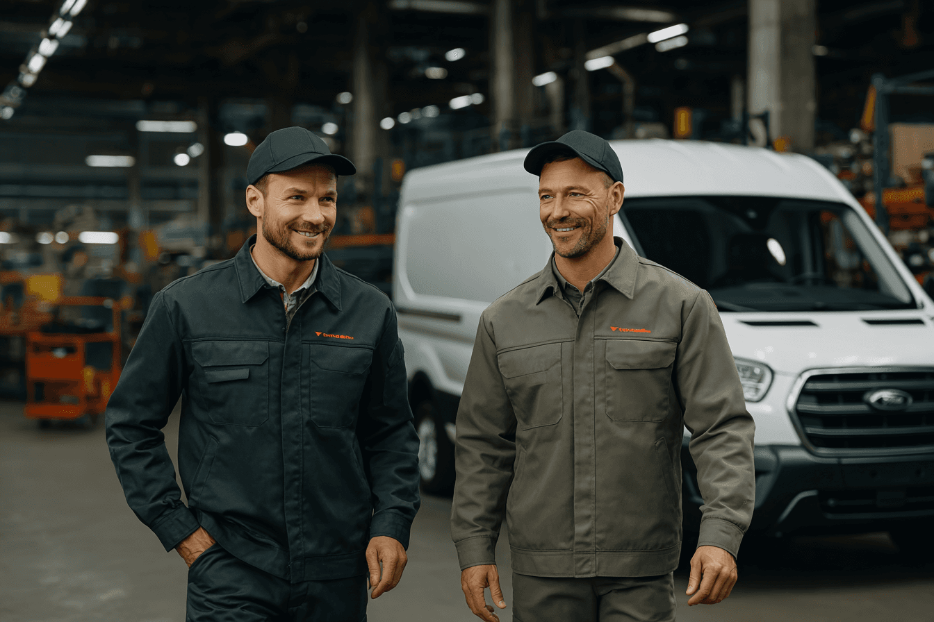 Tradesman walking infront of van