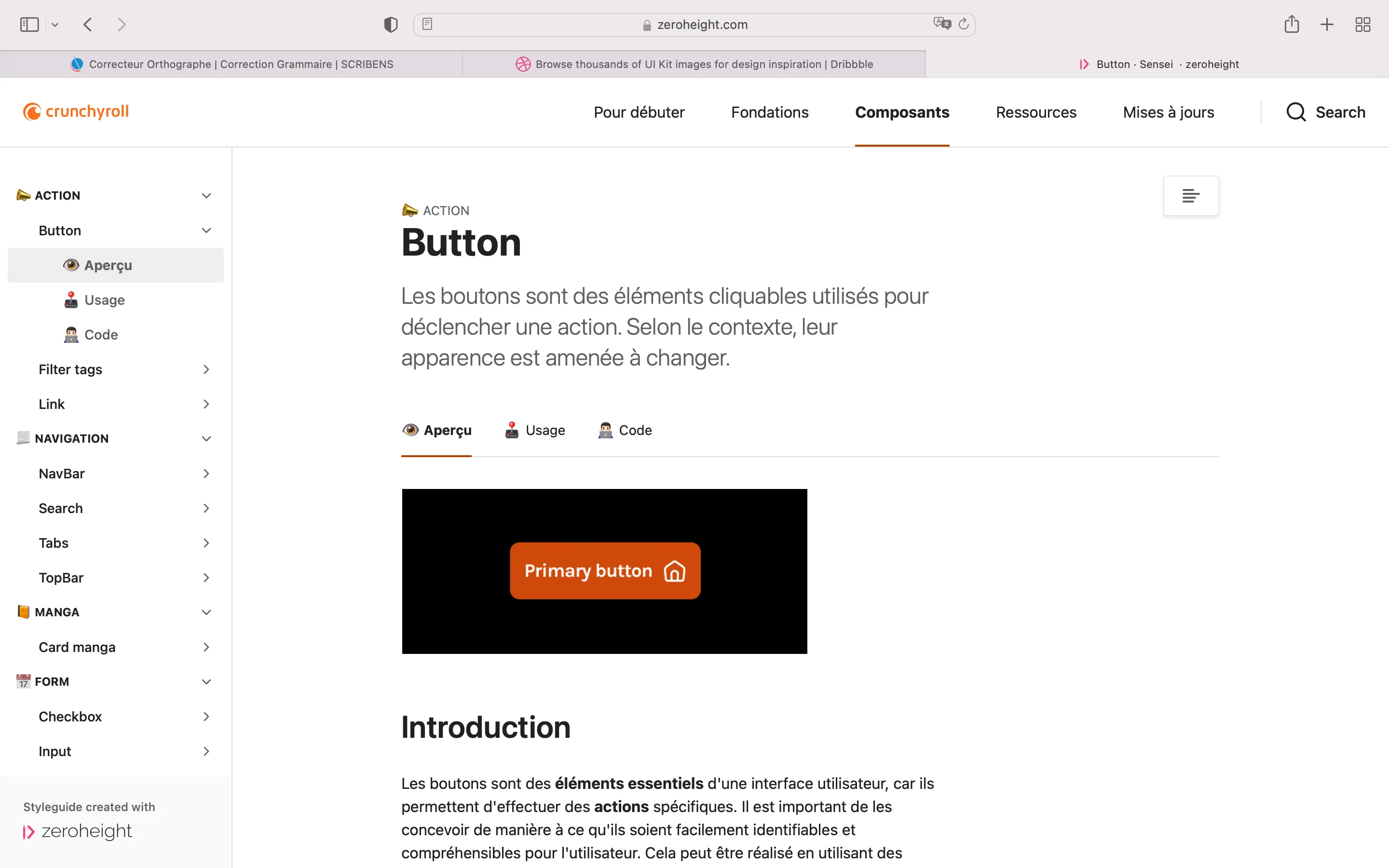 Page montrant un exemple de composant présent dans ce design system, avec un aperçu du composant, son utilisation et le code React