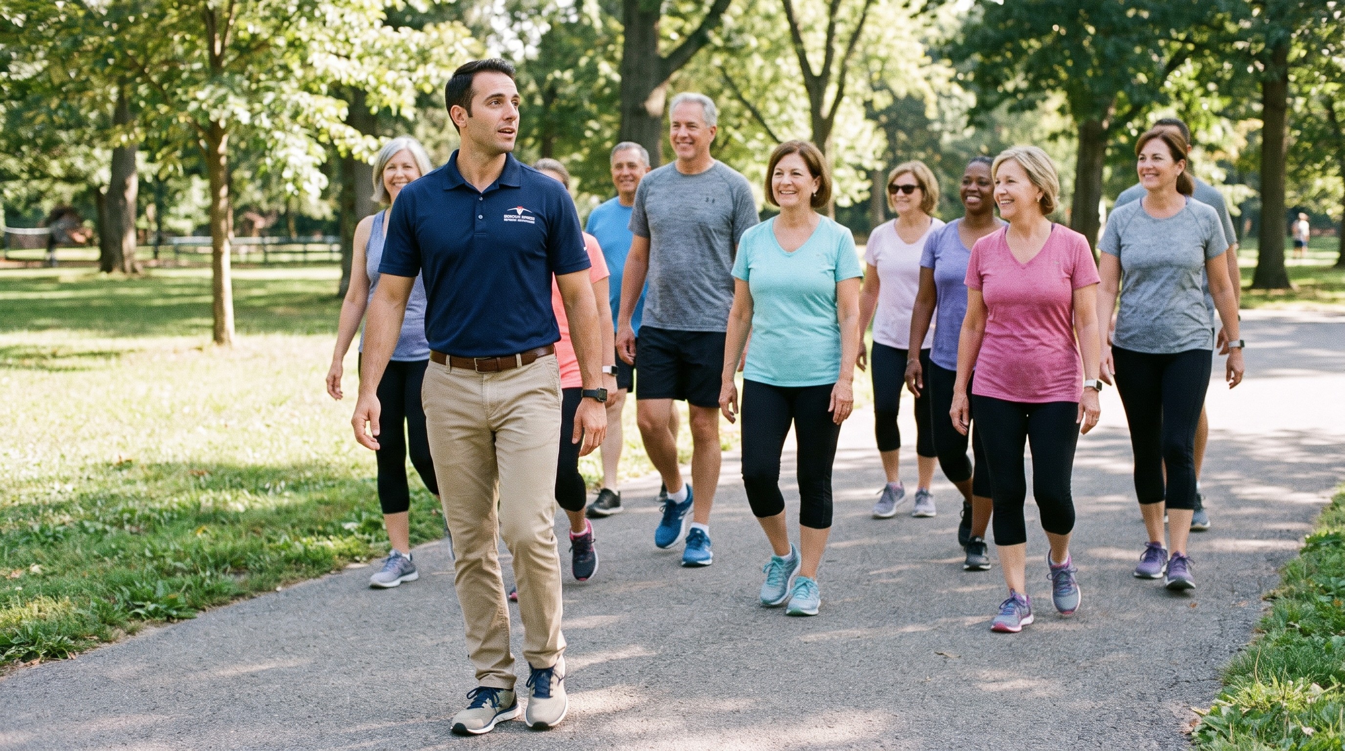 Gruppo di adulti cammina all'aperto guidato da istruttore Walking certificato AIF
