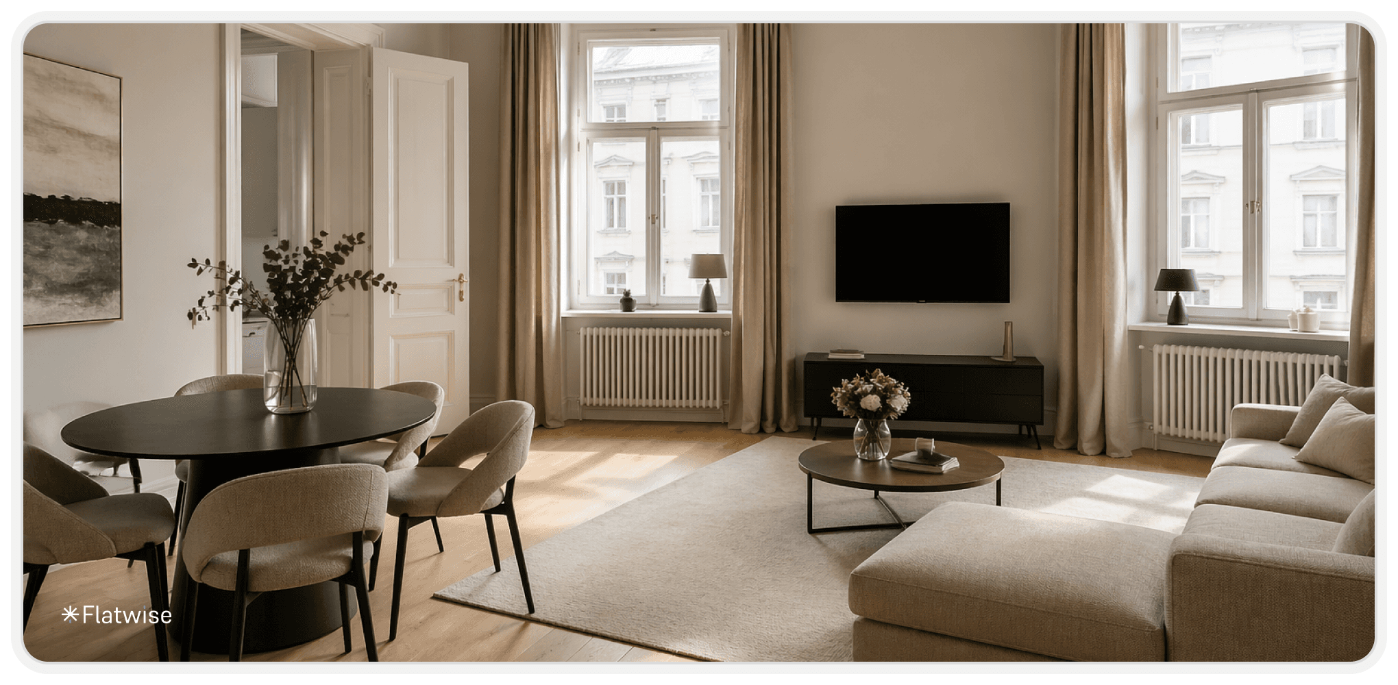Helles, modernes Wohnzimmer einer Altbauwohnung in Salzburg mit hohen Decken, großen Fenstern, Parkettboden und minimalistischem Interieur.