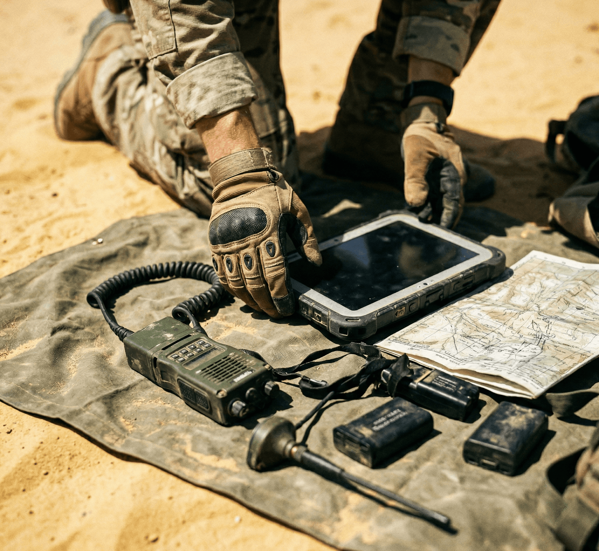 military operator interfacing with tablet, map, radio