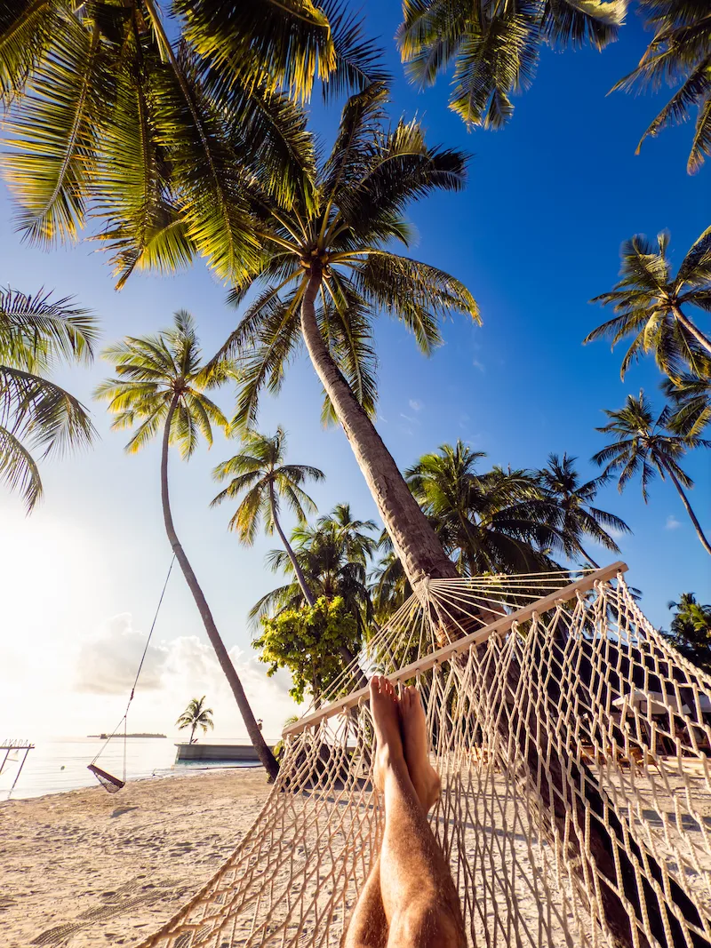 Praia com coqueiros e rede no litoral de Porto Seguro