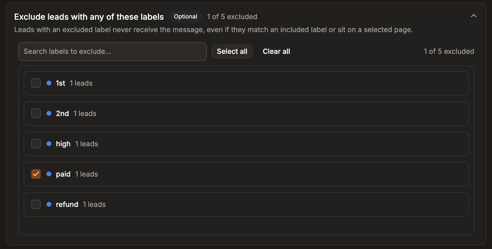 Exclude leads with any of these labels panel in the template bulk message wizard