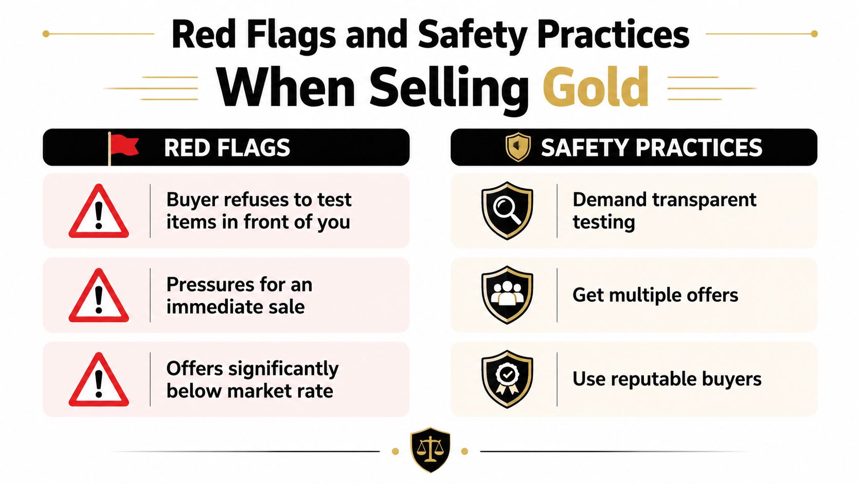 An infographic titled Red Flags and Safety Practices When Selling Gold, outlining buyer behaviors to watch out for.