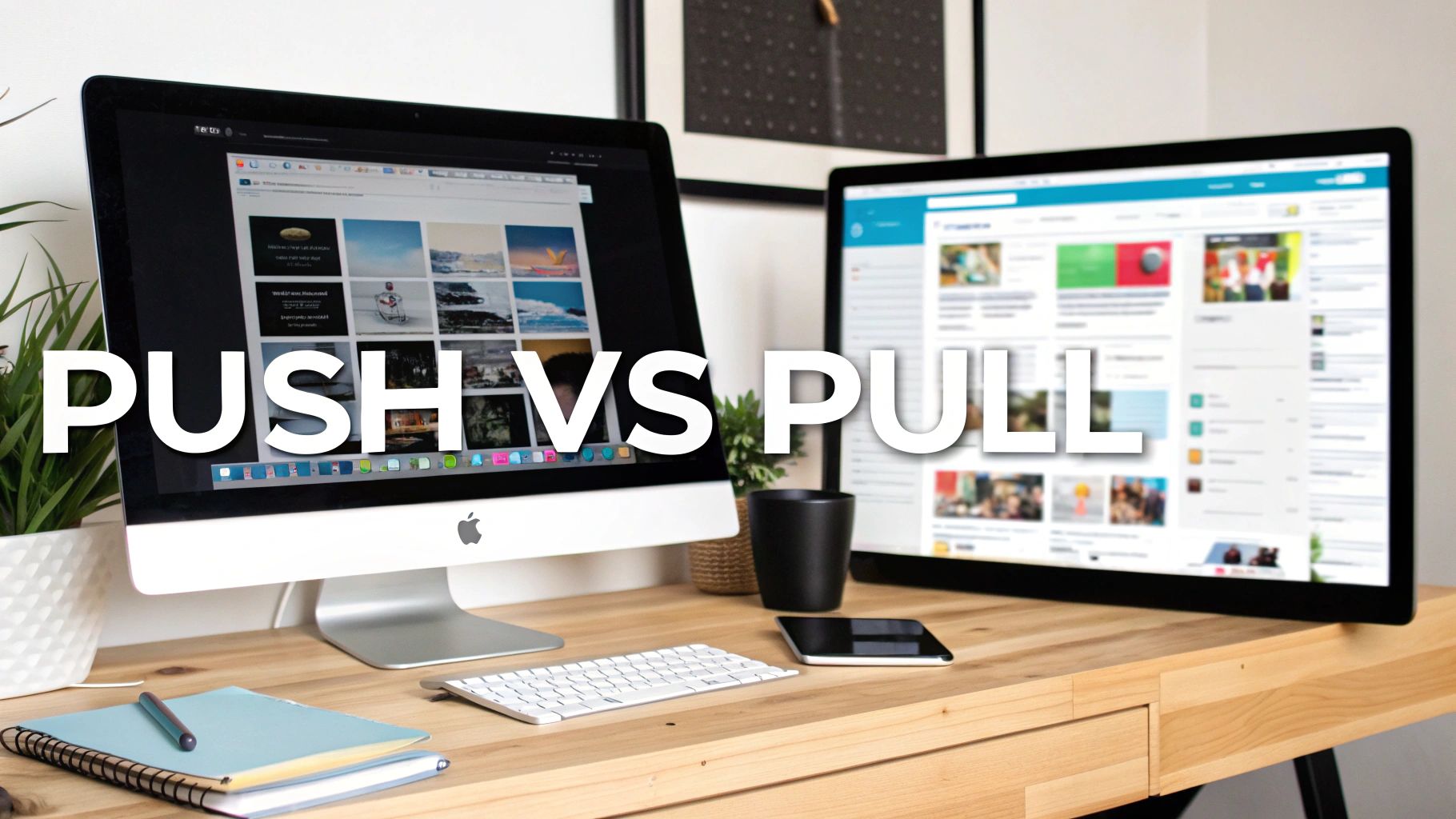 Digital desk setup with two monitors showing web content and 'PUSH VS PULL' text.