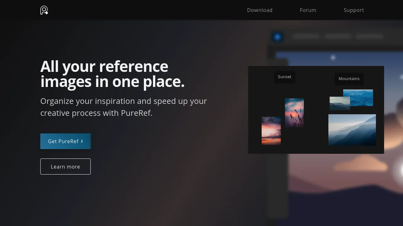 Screenshot of the PureRef website showcasing reference image management features