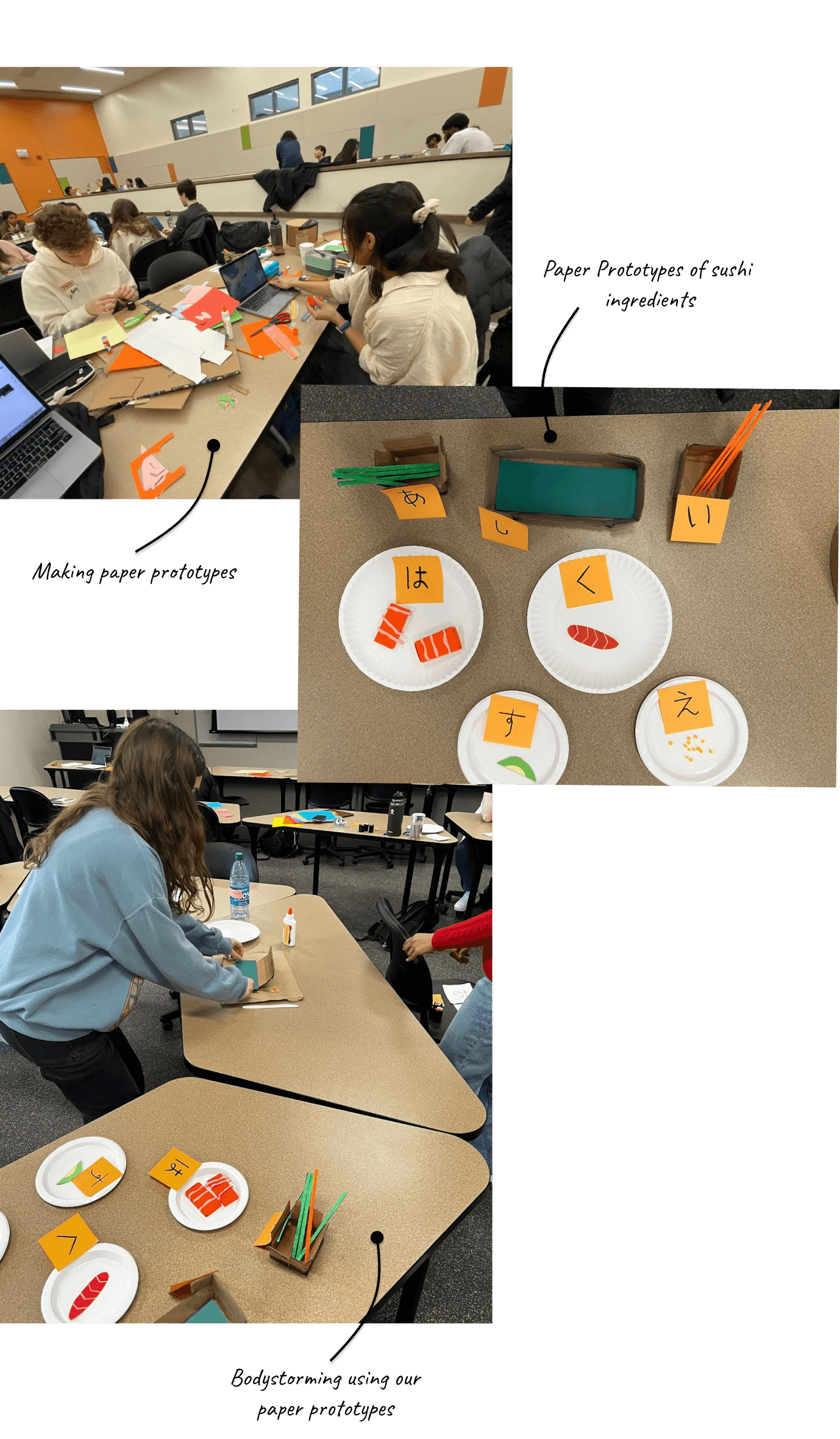 Various images showing different paper props replicating sushi ingredients.