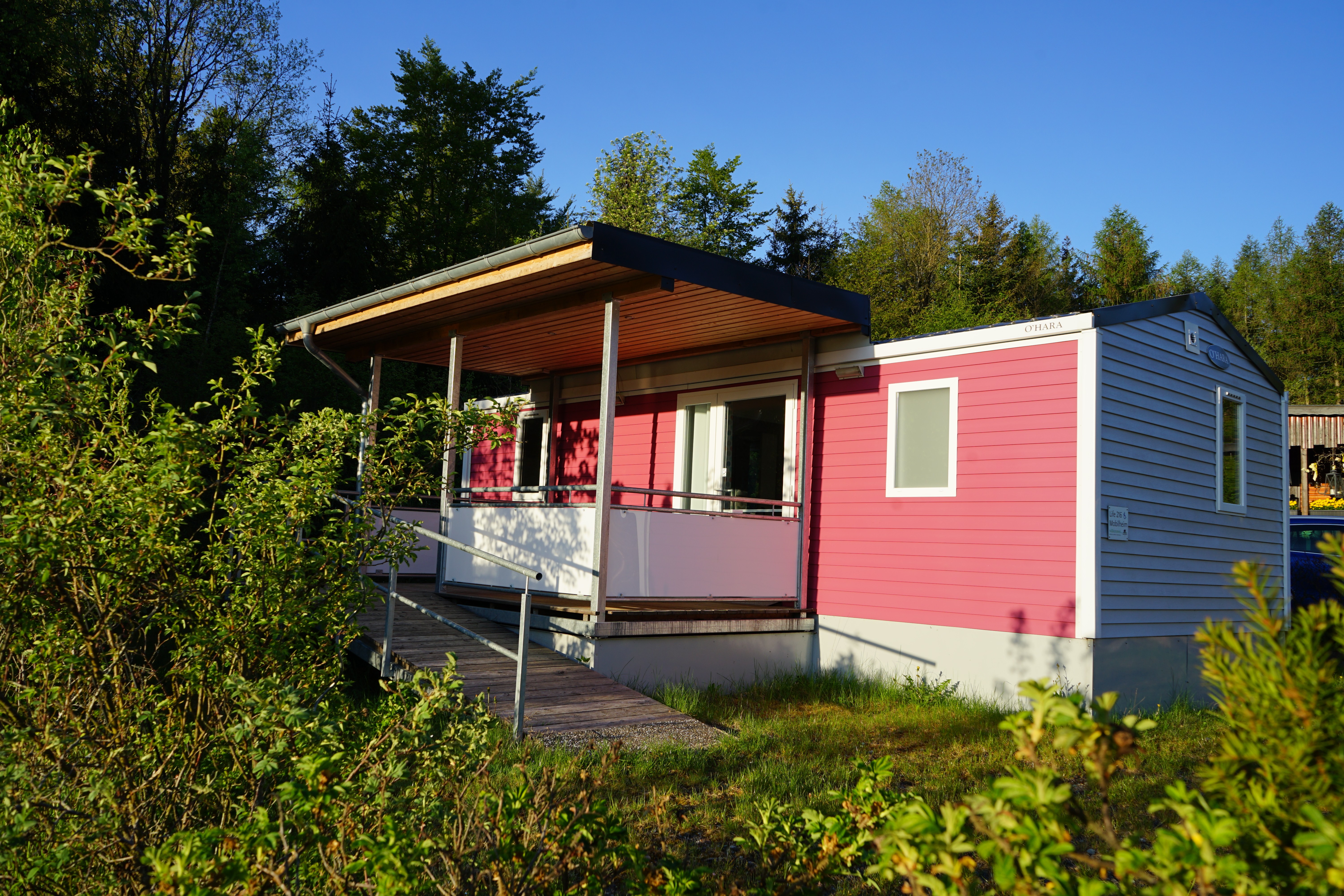 pink mobile home in the green