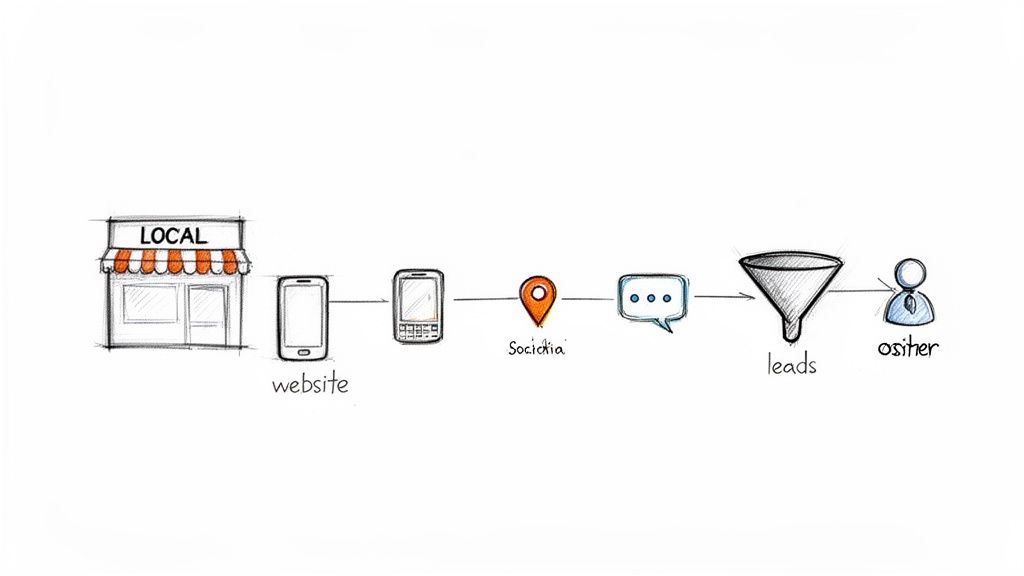 Diagram showing a local business generating leads through website, social media, and a funnel.