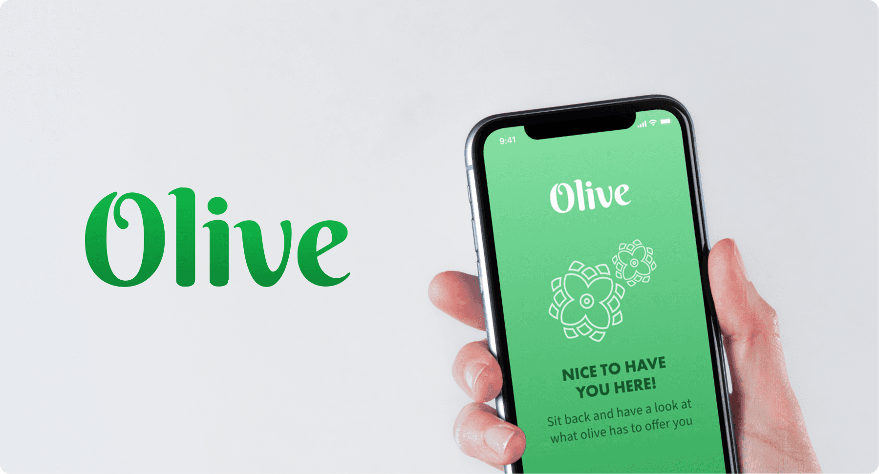 Bild mit Olive Logo und Startseite der Olive App