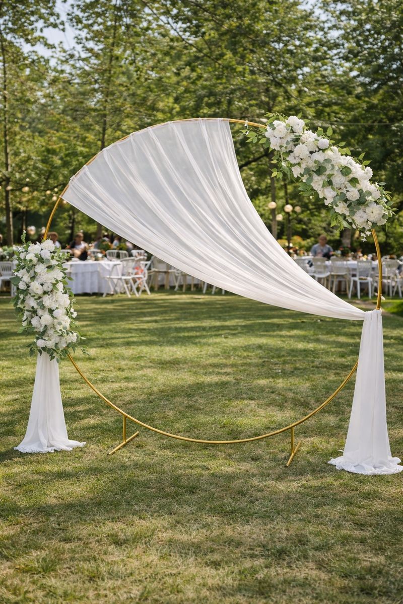 Décor photomaton extérieur avec arche ronde et tissu drapé, idéal pour mariage en plein air en Wallonie et Bruxelles