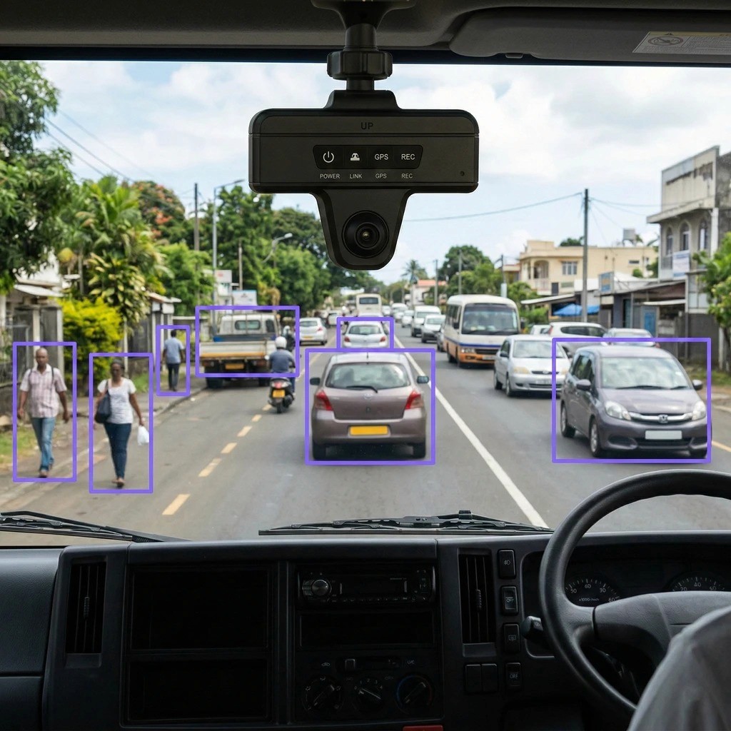 Dashcam intelligente d’entreprise avec détection IA des véhicules, piétons et obstacles sur la route