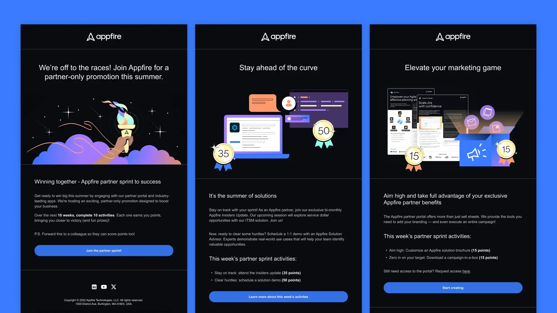 Three promotional email designs with colorful illustrations, icons, and UI graphics.