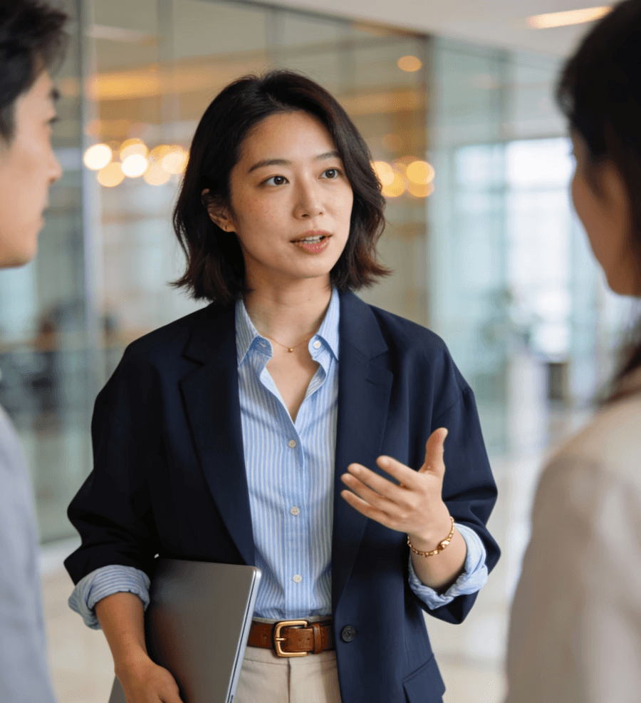 Smiling woman standing confidently with arms crossed.