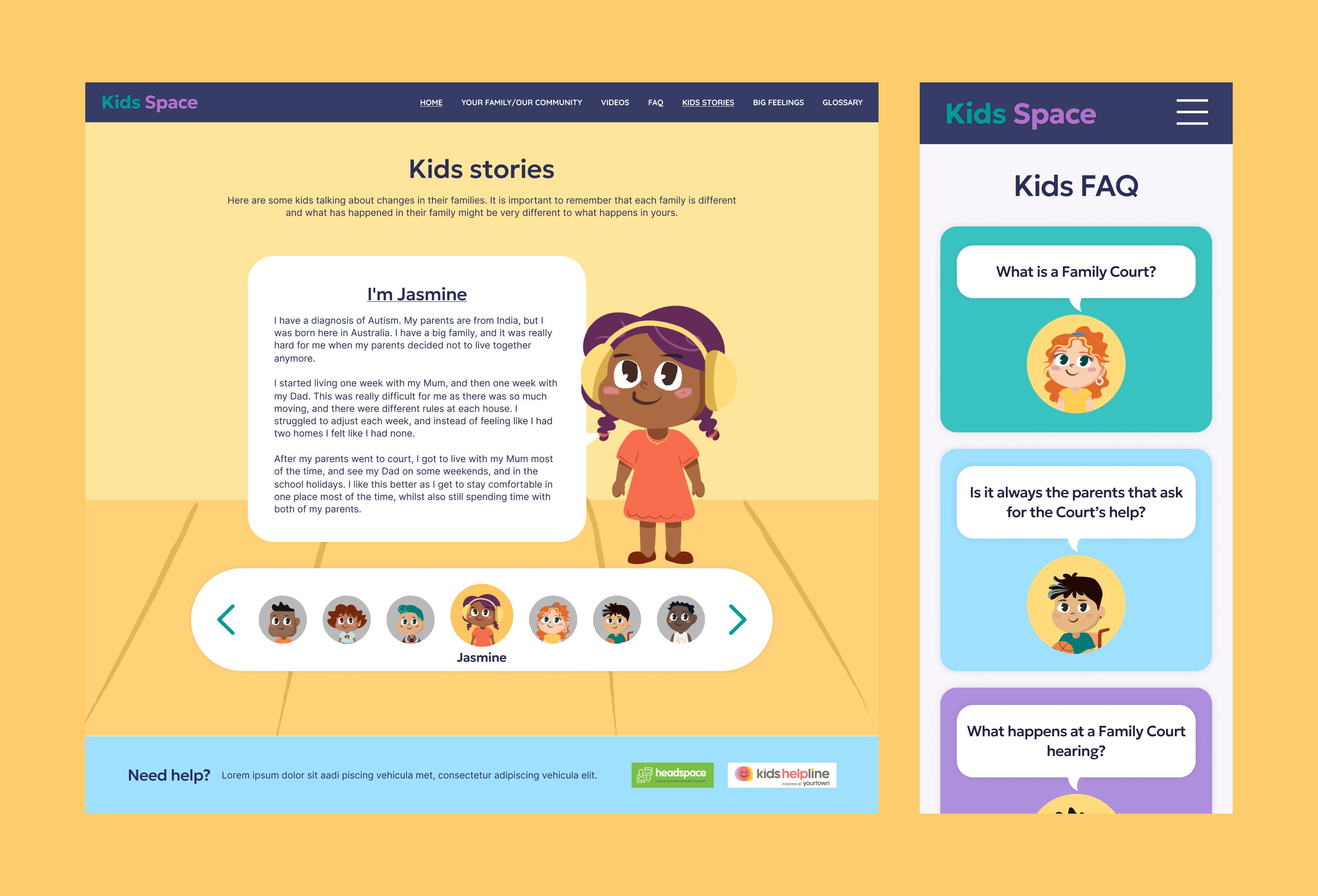Kids space subpage - Kids story example and Kids FAQ