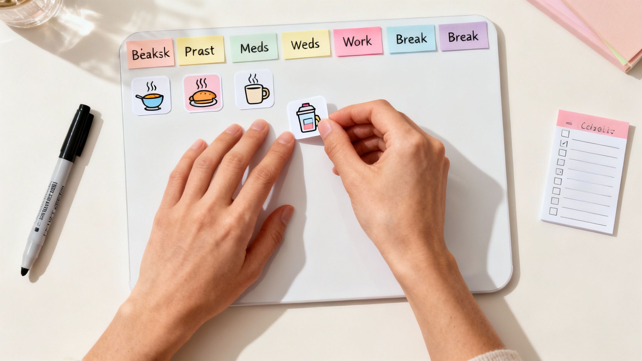 A person at a desk using a planner with colorful sticky notes, visually organizing their tasks.