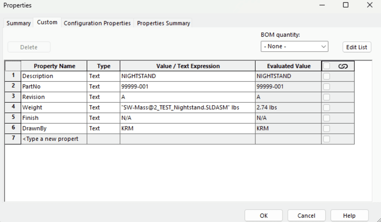SolidWorks Custom Properties dialog showing description, part number, revision, weight, and material metadata.