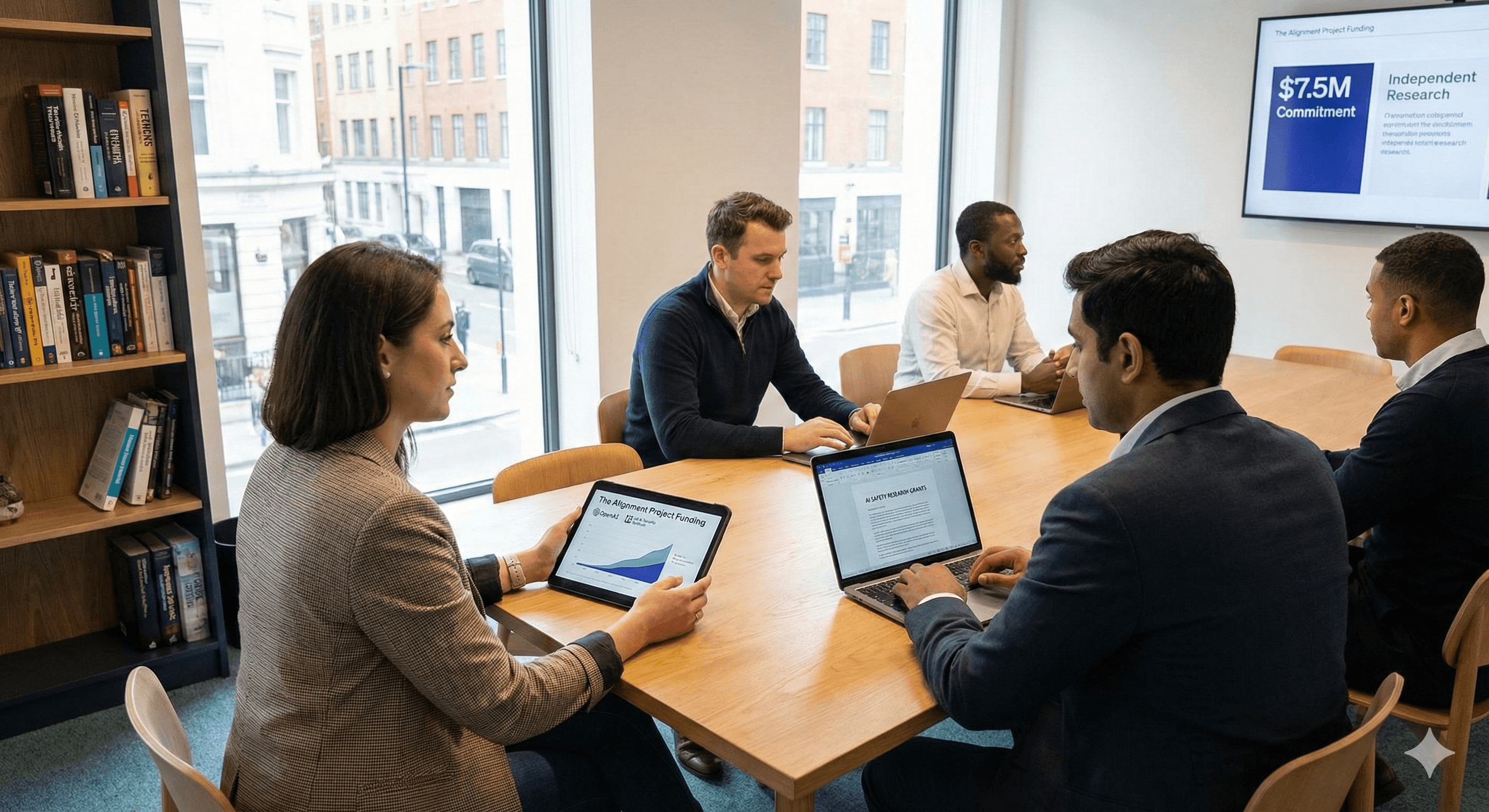 A group of professionals is seated around a wooden table in a modern office, engaging with laptops and discussing a presentation on a screen titled "7.5M Commitment to Independent Research," illustrating the significance of OpenAI's funding for AI alignment research initiatives.