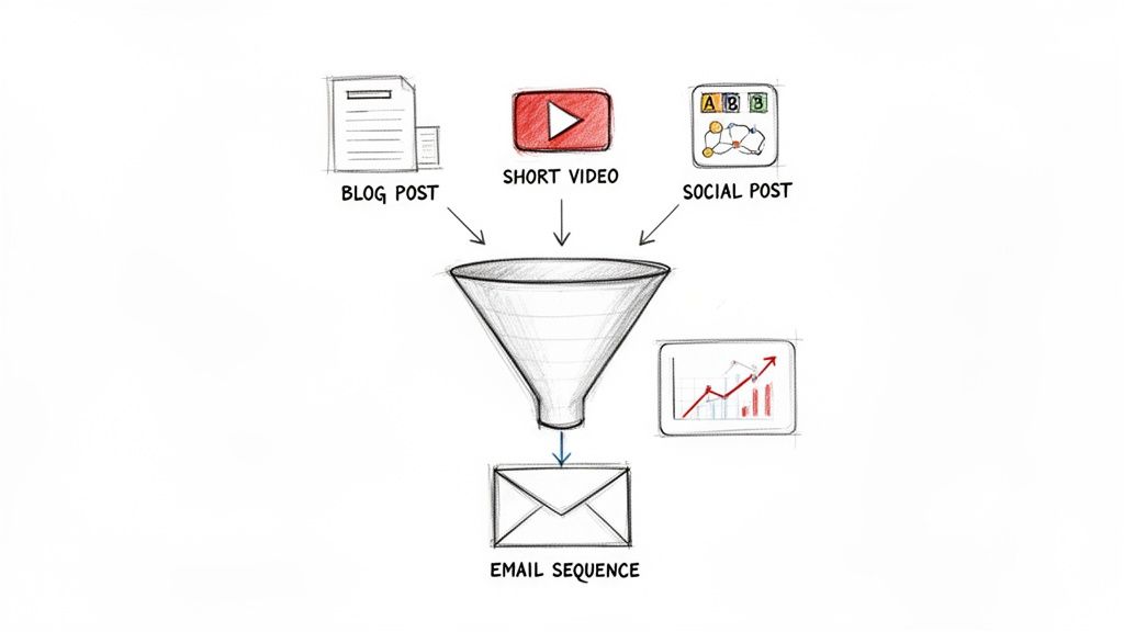 A visual illustrating a content marketing funnel, converting blog posts, videos, and social media into an email sequence.