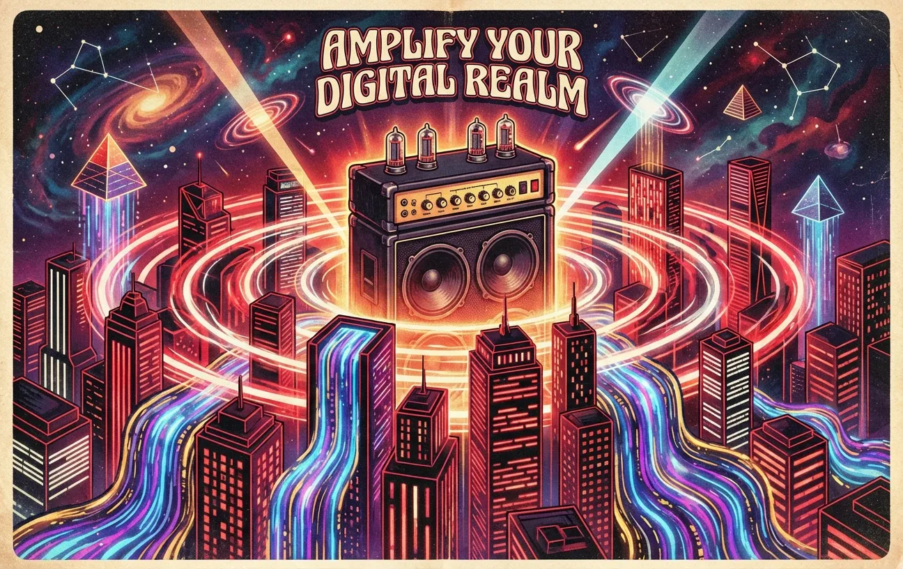 RockN' Socials: Amplify Digital Marketing Agency's cosmic cityscape.