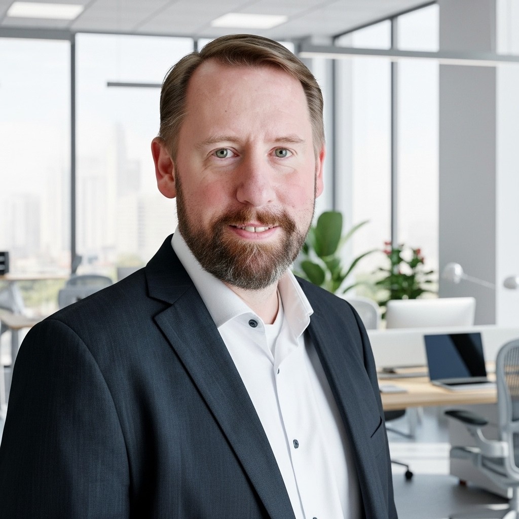 A profile view of a woman with a sleek bun, wearing a dark blazer against a softly lit background.