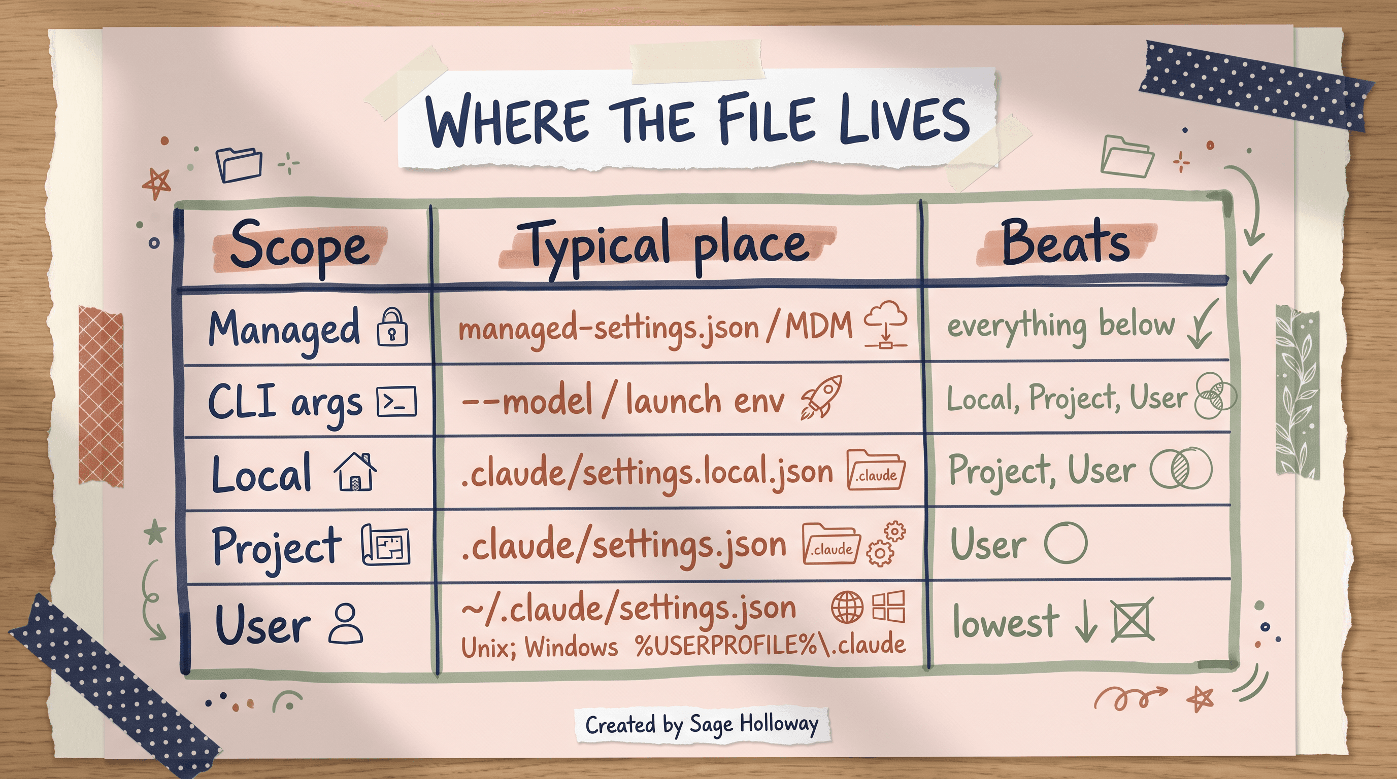 Table of Claude Code settings file locations for managed, local, project, and user scopes