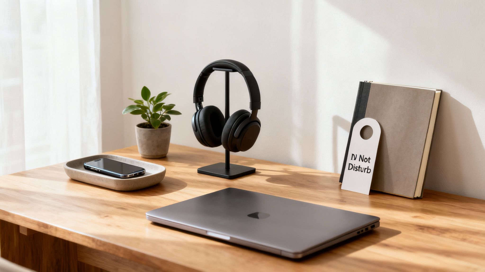 A person working at a clean, well-organized desk with headphones on, looking focused.