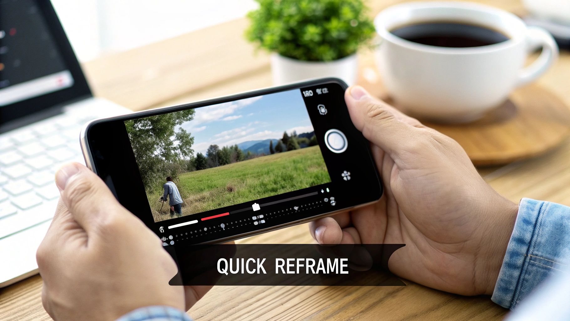 Hands hold a smartphone displaying a video editor with a landscape view and 'QUICK REFRAME' text.