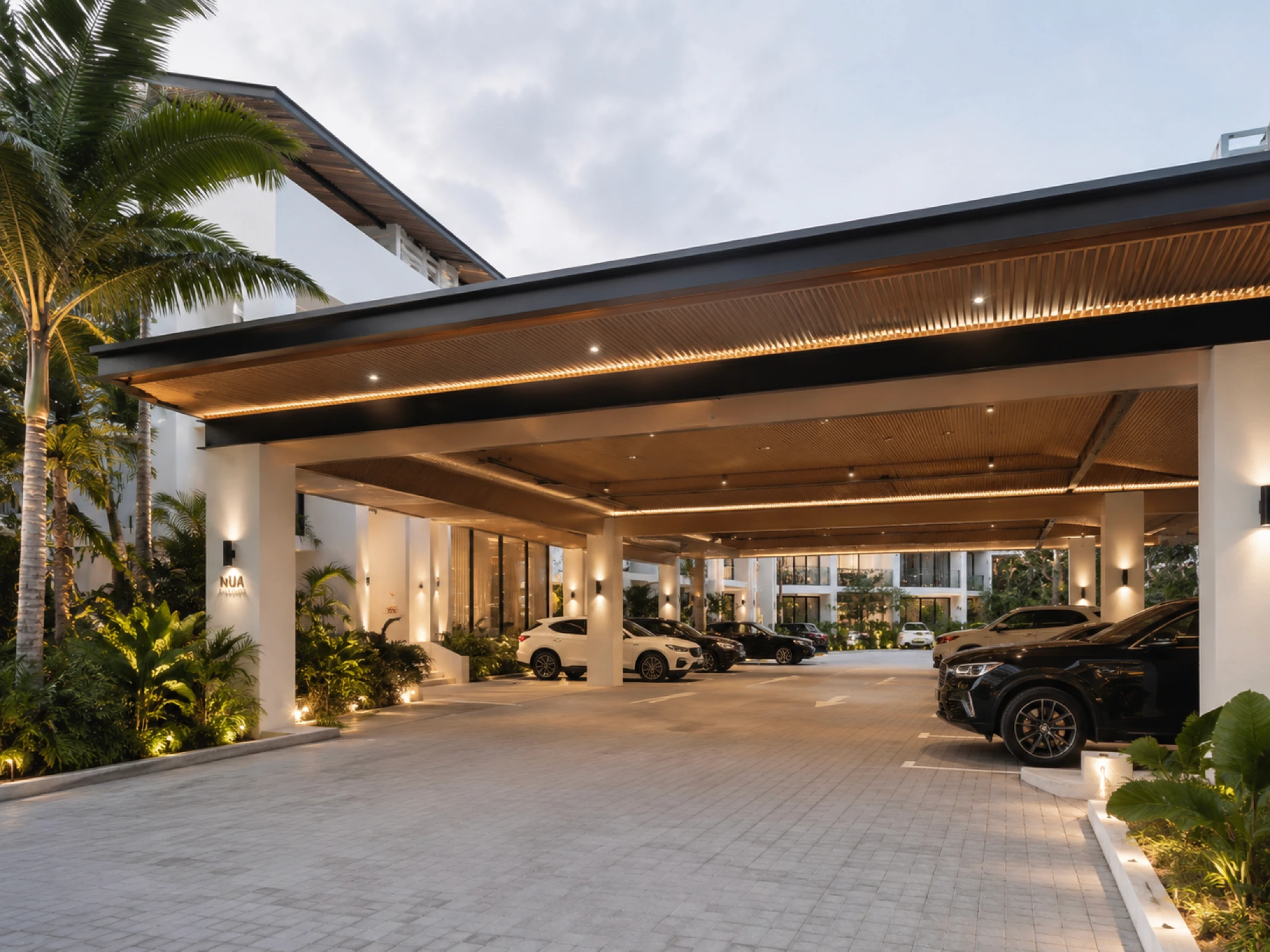 Estacionamento coberto de hotel, com vários carros, iluminação embutida e jardins tropicais ao redor.
