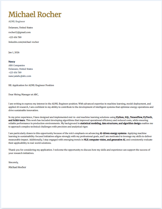 Sample cover letter for AI/ML engineer