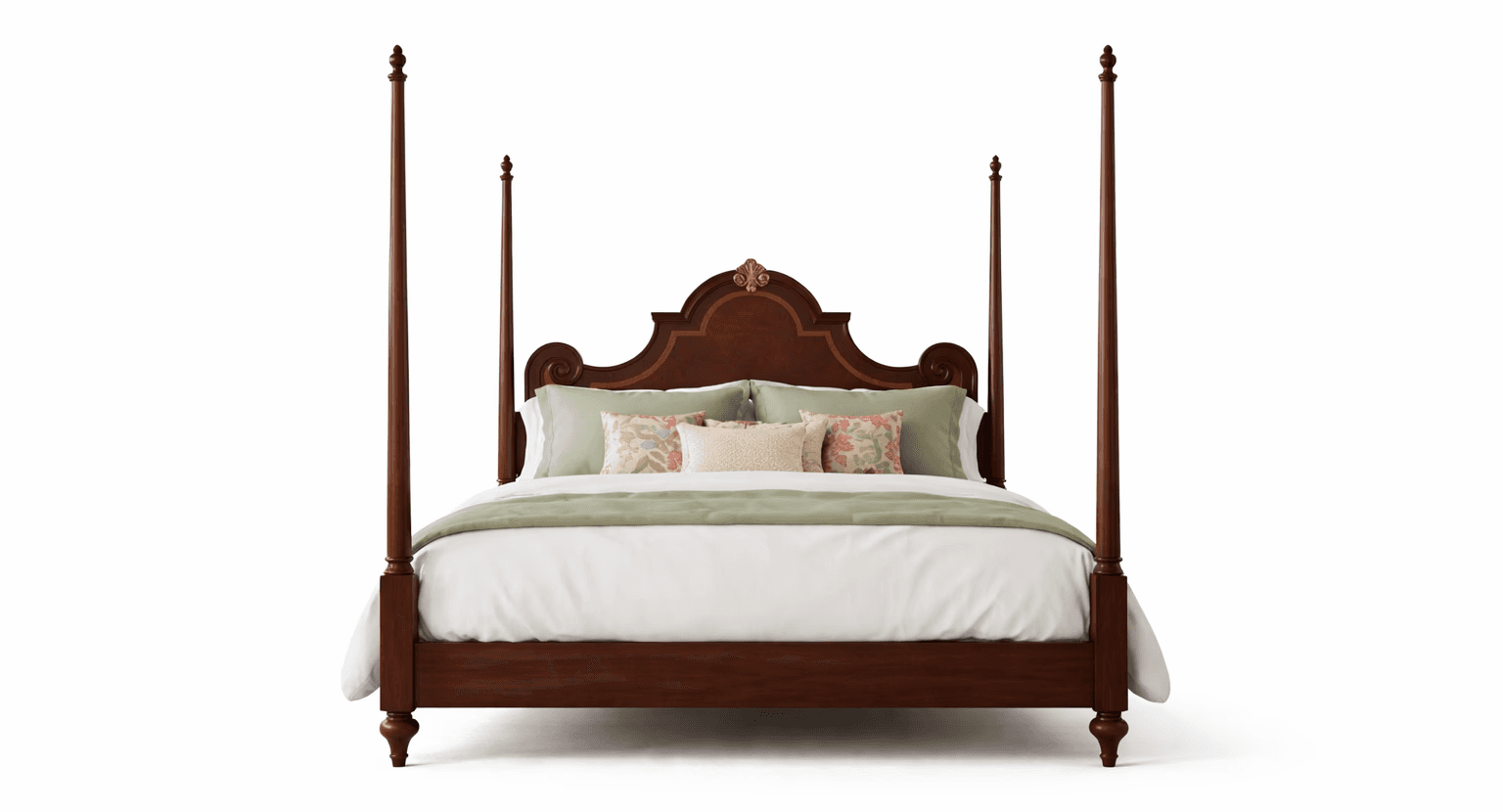 Classic wooden bed with shaped headboard and carved detailing