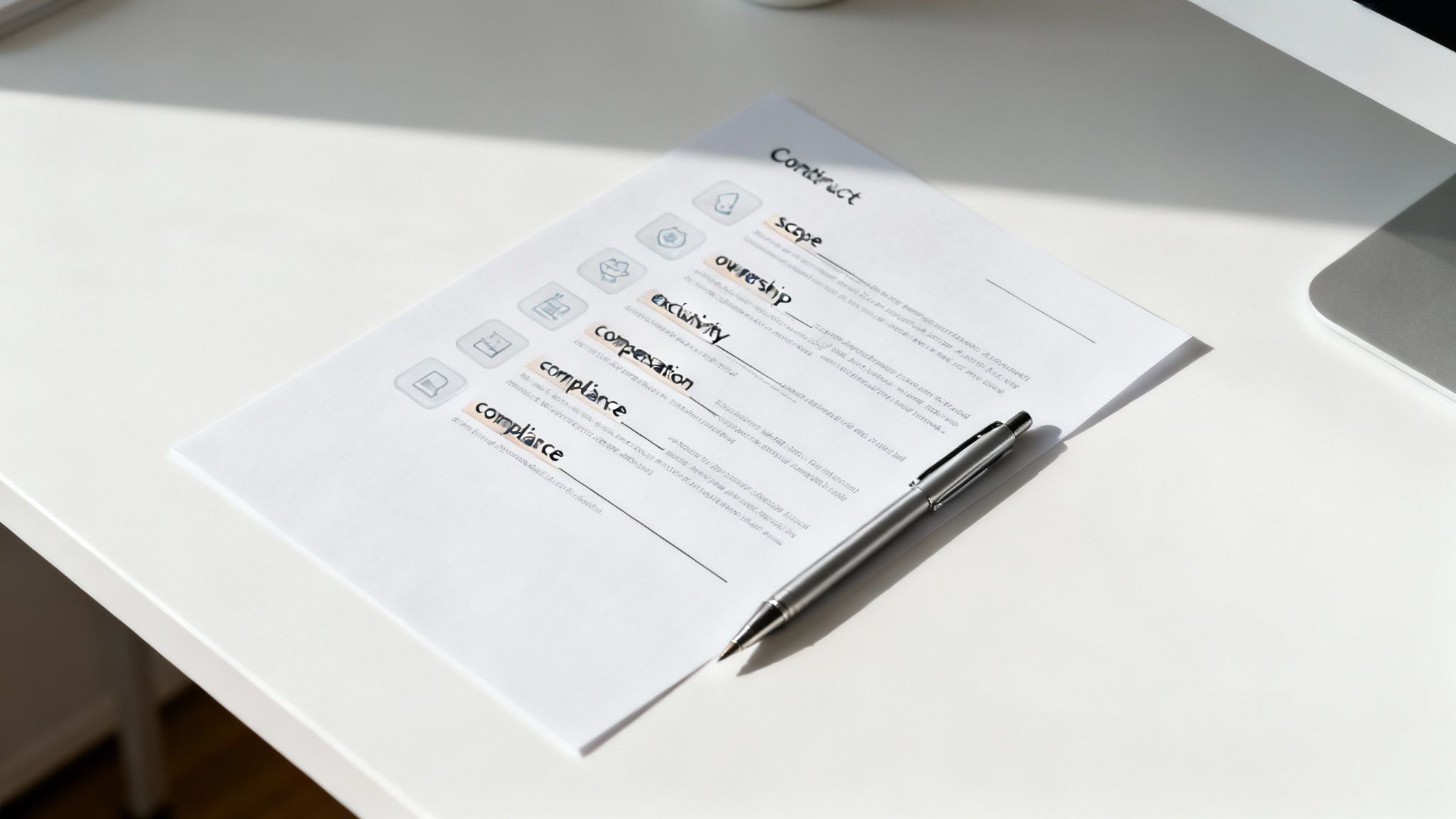 A person reviewing the essential clauses of a contract for influencers.