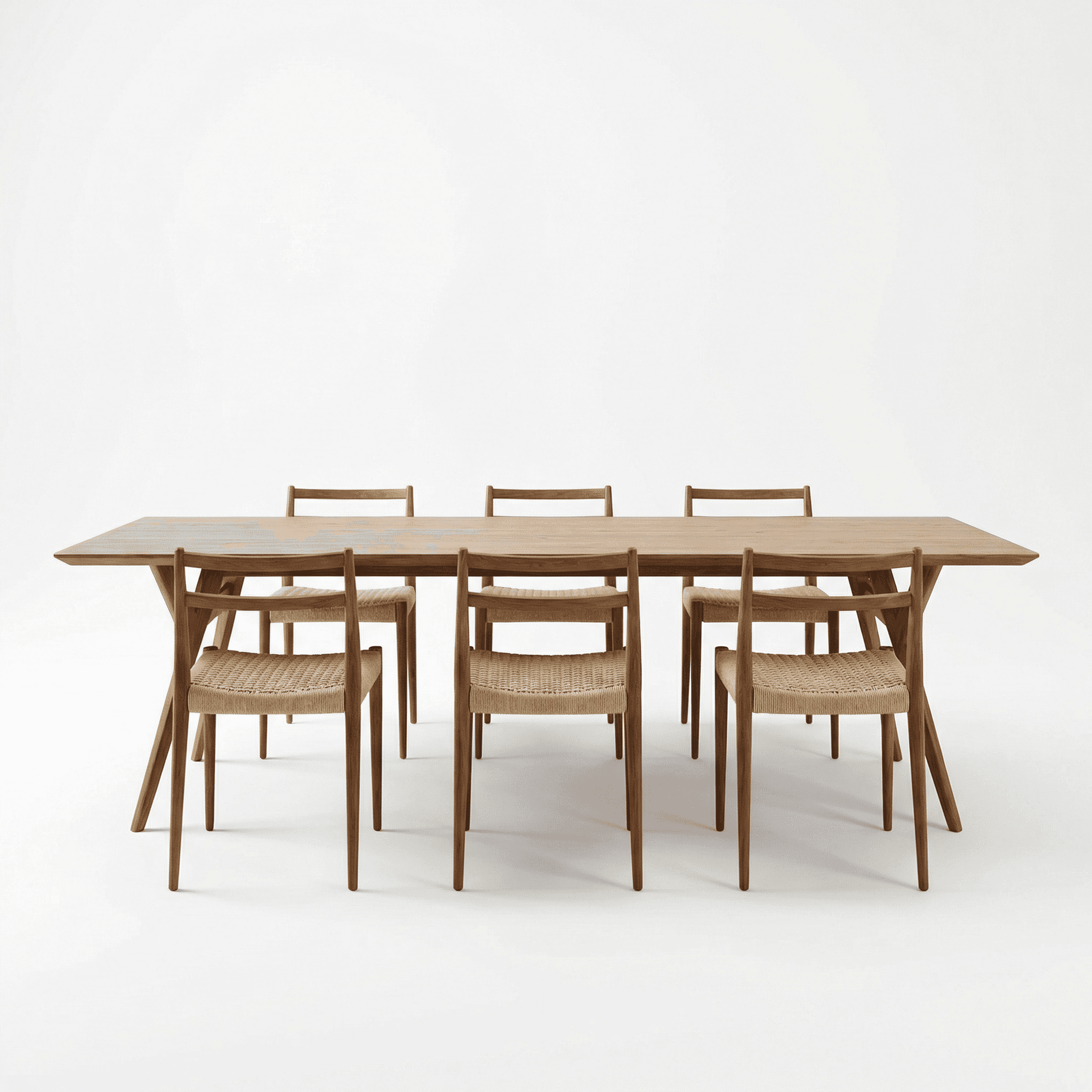 Modern long wooden dining table with clean apron lines and woven‑seat wooden chairs