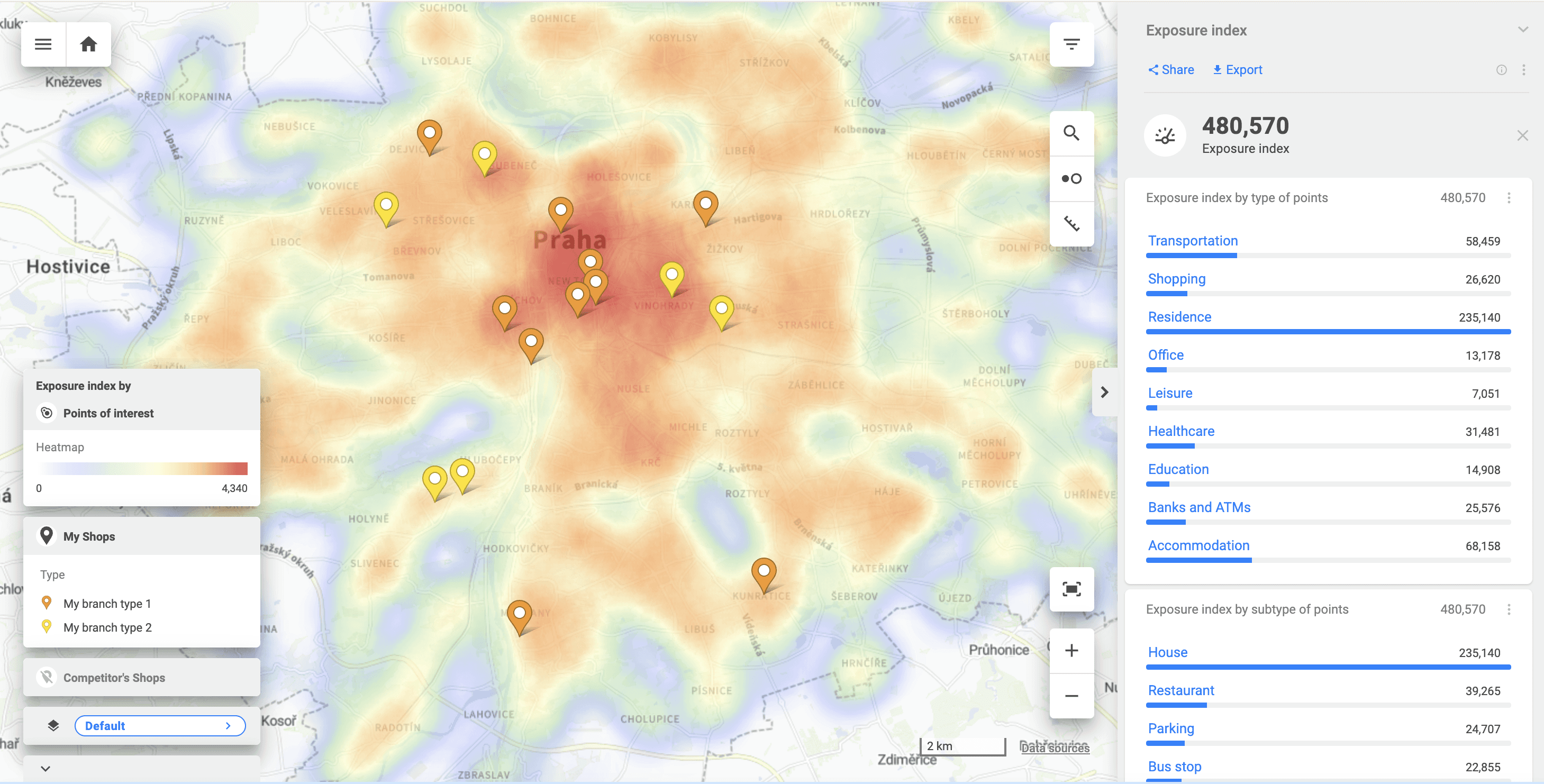Example of Points of Interest visualized in CleverMaps Studio.