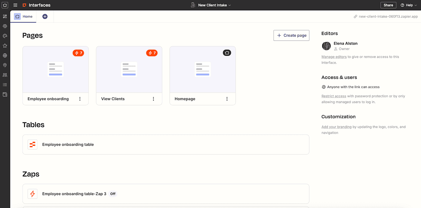 Zapier's interfaces home page
