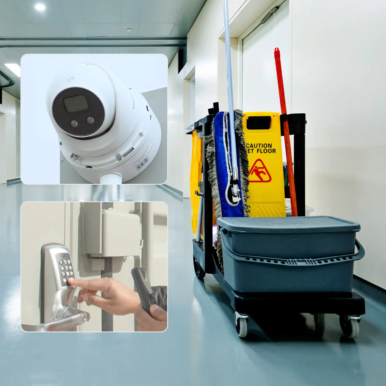 A corridor within a hospital featuring a cleaning equipment trolley.