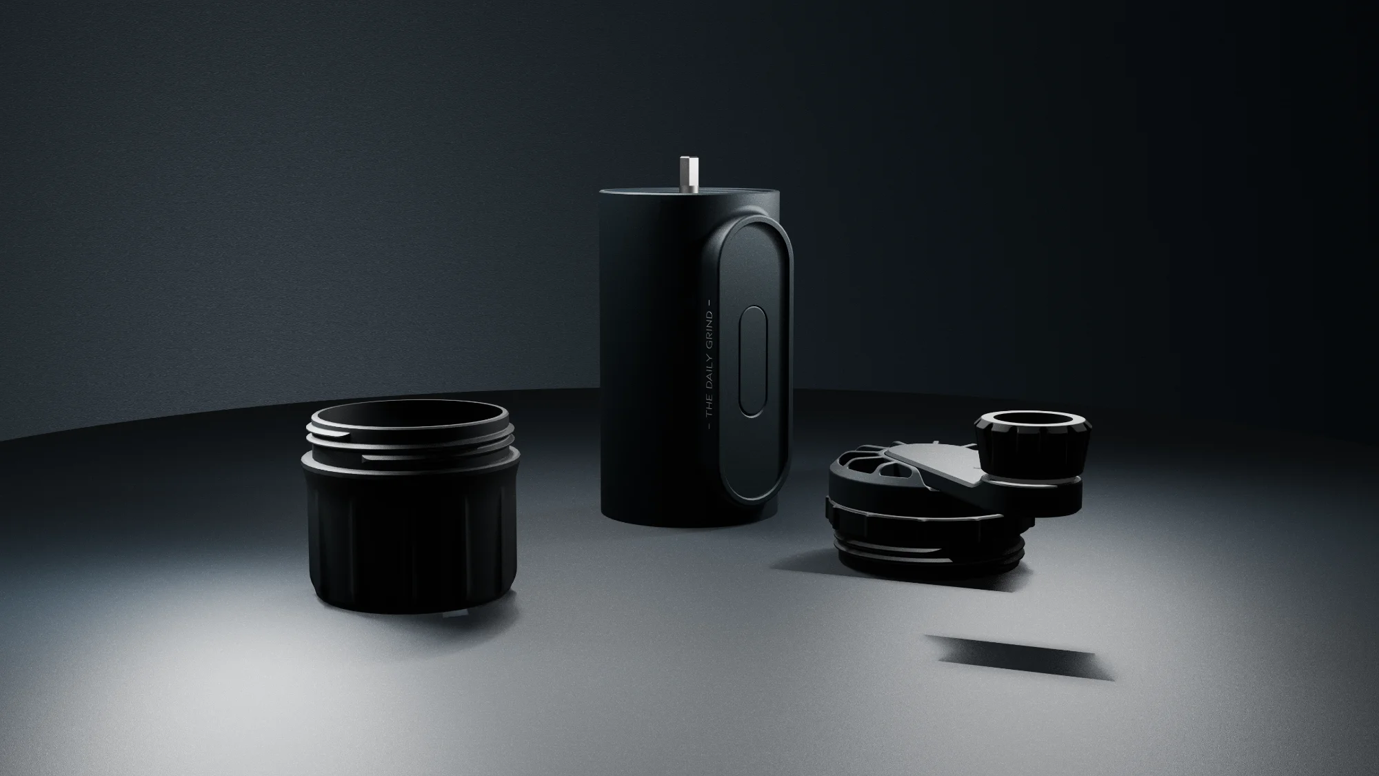 Component breakdown of a coffee grinder industrial design concept, showing grind chamber, grind jar and lid assembly.