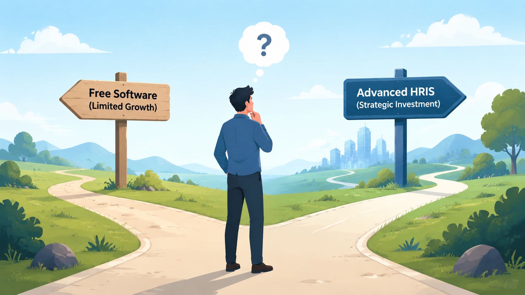 A person standing at a fork in the road, choosing between free software and advanced HRIS.