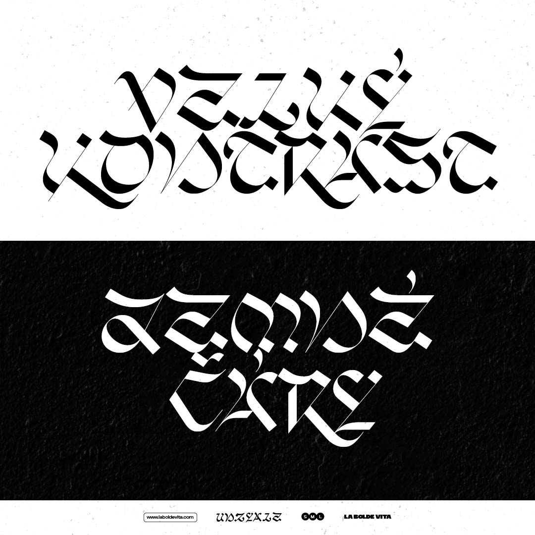 a horizontally split layout featuring sample words in various languages and swashes of Unzyale